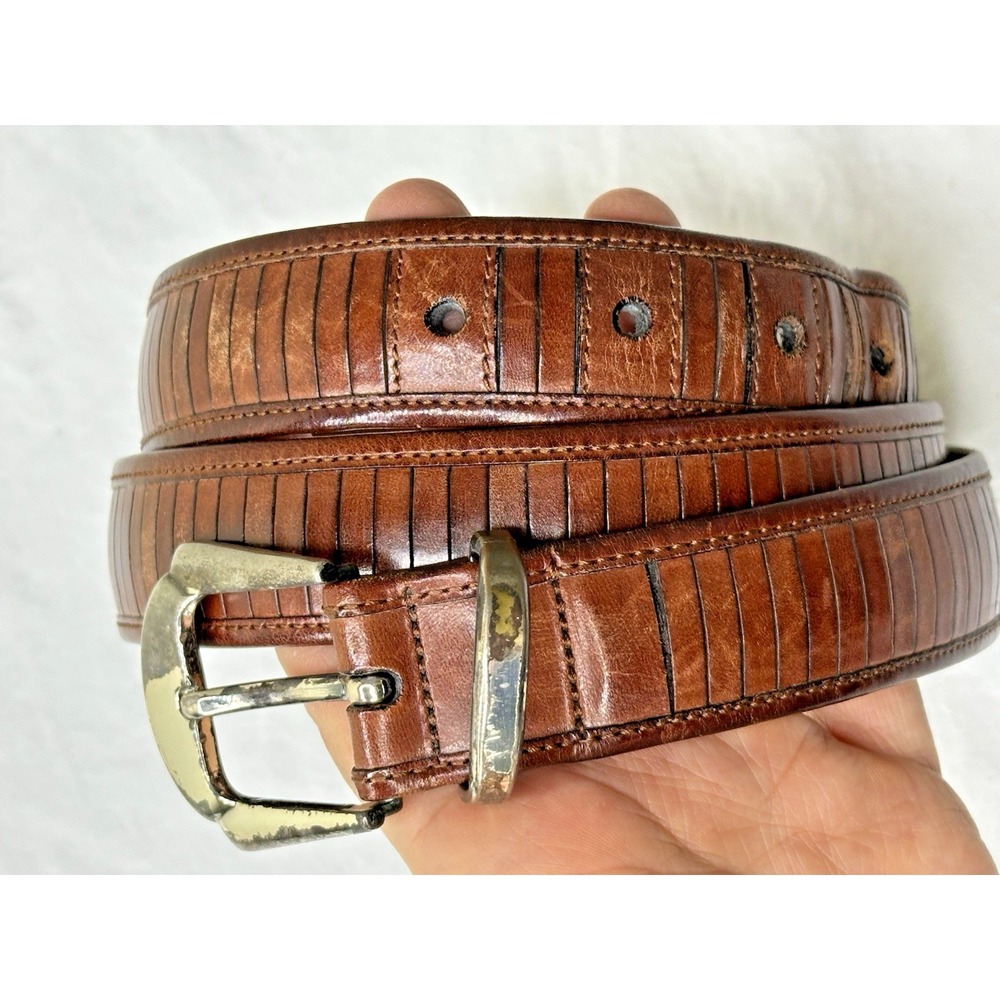 Mezlan Brown Leather Belt Men's Sz 36 Made Spain Textured Silver Plated Buckle